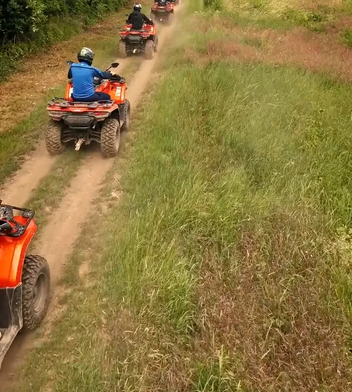 Quads im Konvoi auf einem Weg am Wald